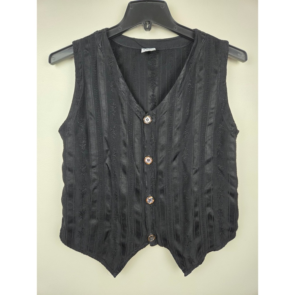 CP Shades Womens Black Embroidered‎ Rayon Button Front Waistcoat Vest Size M VTG